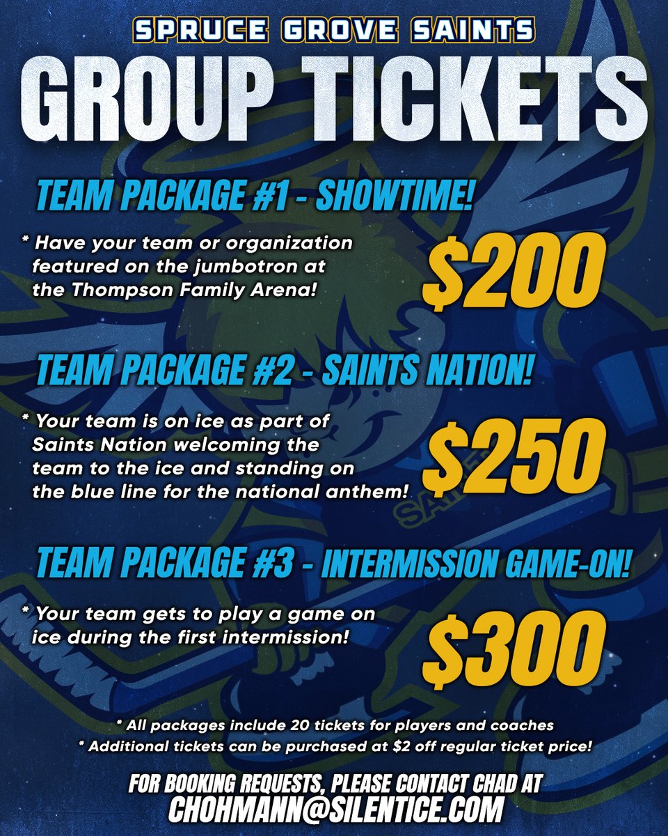 Looking for the next outing for your group or team?

We have great options available to enjoy your night at Thompson Family Arena, including a chance to welcome the team on the ice and playing a game during the intermission!

For more information, contact Chad Hohmann at