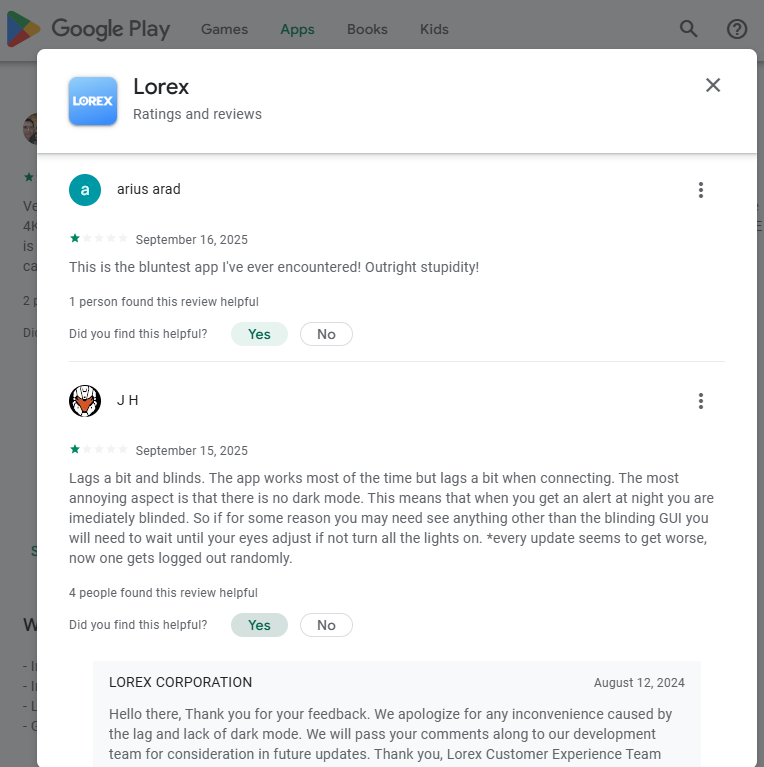 Engineerlorecs's tweet image. Poor Lorex in GPlayReview: {Adam Douglas- August 8, 2025- GO BUY BETTER. Over 1000$ wasted because this app does not work I have given up trying to keep my cameras running with this CANCEROUS...e was a problem, try again'.}👎(Ultimately=>Horrible Lorex)#2552196