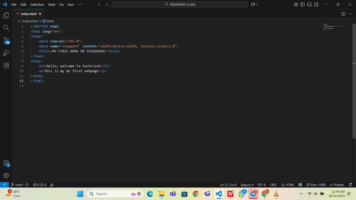 Wittypriest's tweet image. Day 1 of my Frontend Journey!
Just built my first-ever webpage - “Hello, welcome to Techcrush!”
It feels amazing turning code into something real on screen.
Big thanks to my mentor and the @TechCrushHQ team for the guidance and push! 

#FrontendDevelopment #HTML  #100DaysOfCode