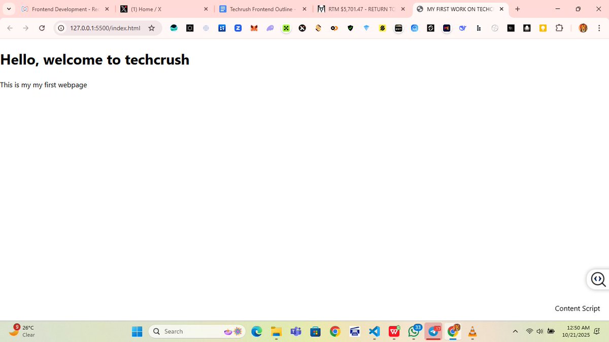 Wittypriest's tweet image. Day 1 of my Frontend Journey!
Just built my first-ever webpage - “Hello, welcome to Techcrush!”
It feels amazing turning code into something real on screen.
Big thanks to my mentor and the @TechCrushHQ team for the guidance and push! 

#FrontendDevelopment #HTML  #100DaysOfCode