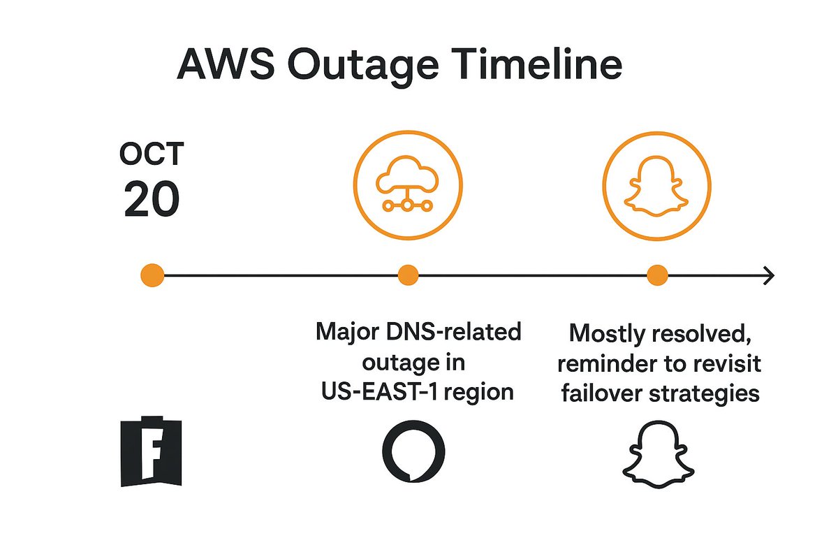 mohitmehtre's tweet image. Yesterday’s AWS DNS outage in US-EAST-1 took down Fortnite, Alexa, Snapchat, and more.
Mostly resolved now, but it’s a strong reminder of how fragile cloud centralization can be.
Worth revisiting failover strategies.
#AWS #DevOps #CloudComputing