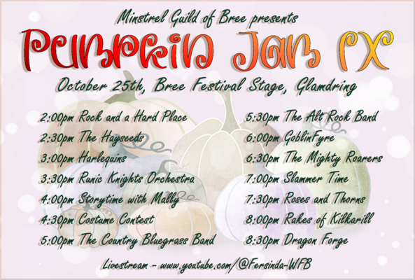 Here's the lineup for Pumpkin Jam IX on Glamdring, October 25th starting at 2:00pm server time.  The event will be held at the Bree Festival Stage and it looks like this will be an amazing show.  Hope to see y'all.  <a href="/lotro/">LOTRO</a> <a href="/lotrofamily/">LOTRO Family</a>