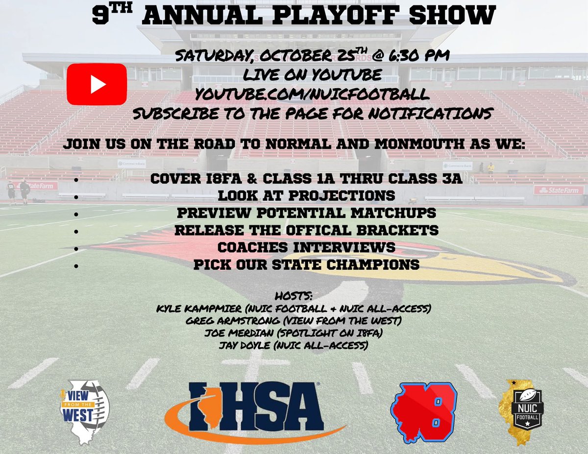 🏈 9th Annual NUIC Football Playoff Show 🏆

It’s that time of year — brackets, matchups, and small school chaos!
Join us as we break down the playoff field covering small school football in Illinois. 

💬 Projections • Reactions • Coach Interviews • Matchup Analysis