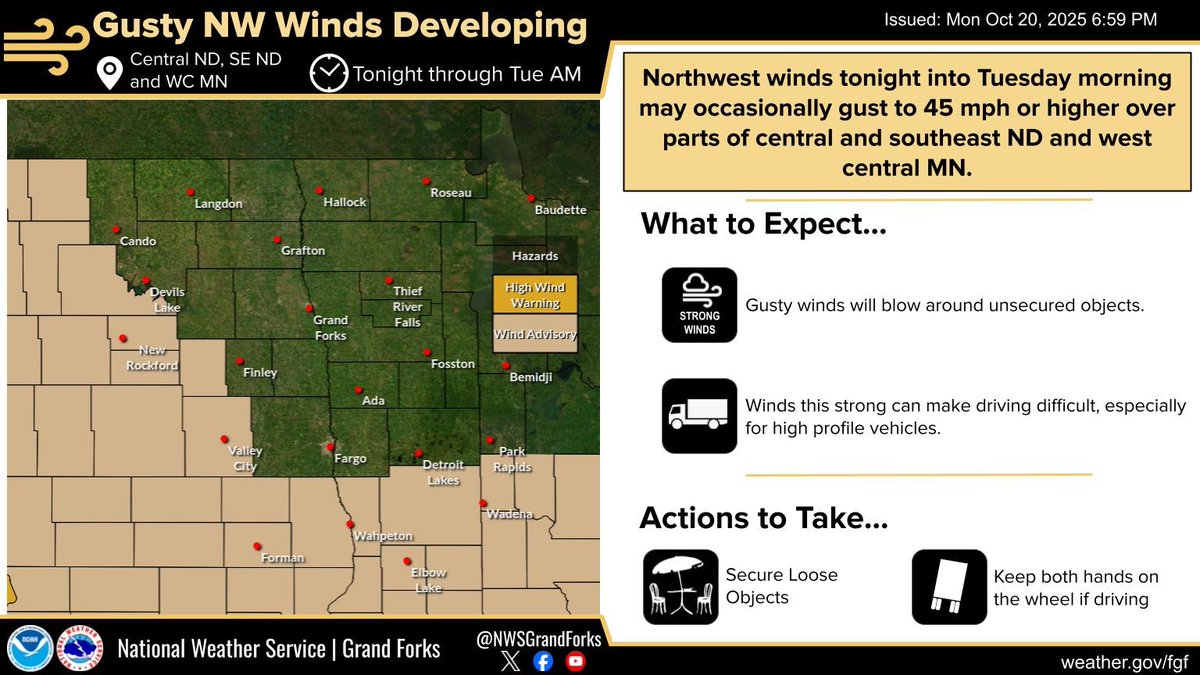 Northwest winds occasionally gusting to 45 mph or higher are expected tonight into Tuesday morning across parts of central and southeast ND, along with, west central MN. A Wind Advisory is out for those locations.  #NDwx #MNwx