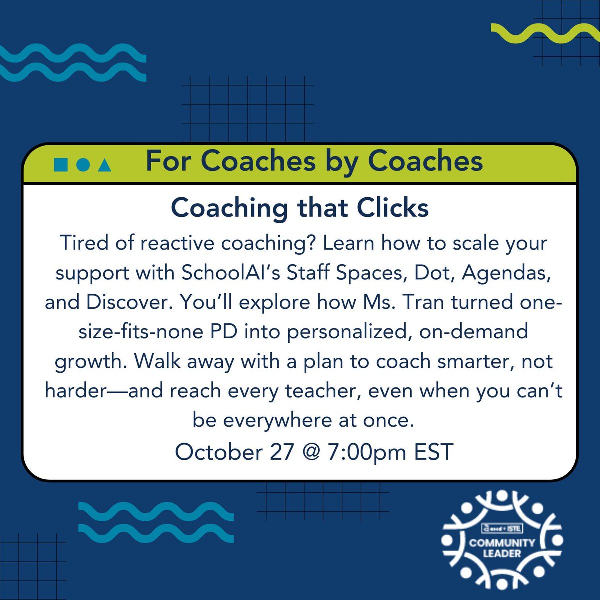 🚀 Calling all instructional coaches!
Join us Monday, October 27 at 7 PM EST for the ASCD + ISTE Coach Meetup to explore “Coaching That Clicks: Transforming PD with Staff Spaces” 

🎟️ Save your spot now: bit.ly/ISTECoachOCT25
💡 #ISTECoach #ASCD #EdTech #Coaching