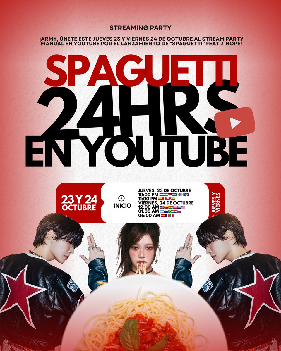 kimjkxs's tweet image. — SPAGUETTI STREAM PARTY. 🍝🔥

¡ARMY, el stream manual en YouTube las primeras 24HRS y más es muy importante, únete! 

J-HOPE X LE SSERAFIM IS COMING
SPAGHETTI IS COMING
#EAT_IT_UP_SPAGHETTI
#BTS #jhope #제이홉