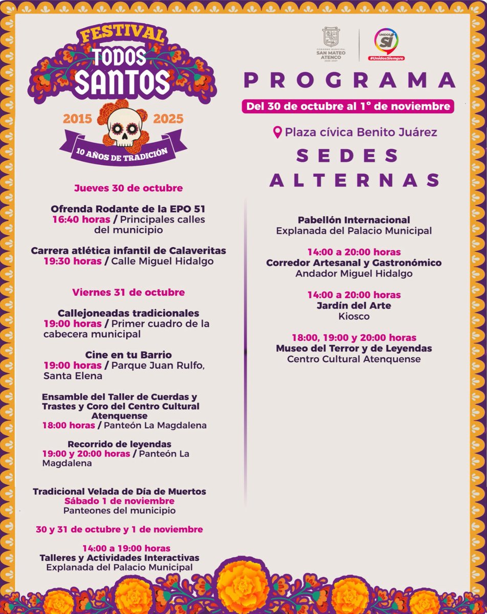 Anaamunizneyra's tweet photo. Queridas vecinas y vecinos, les comparto el programa de actividades artísticas y culturales que hemos preparado para disfrutar unidos y en familia de la 10ª edición de nuestro tradicional Festival #TodosSantos2025. 
💜🏵️💀🏵️💜

Les esperamos en #SanMateoAtenco, del 30 de octubre al 1º de noviembre. 

Por nuestras tradiciones: ¡#UnidosSí, #UnidosSiempre!