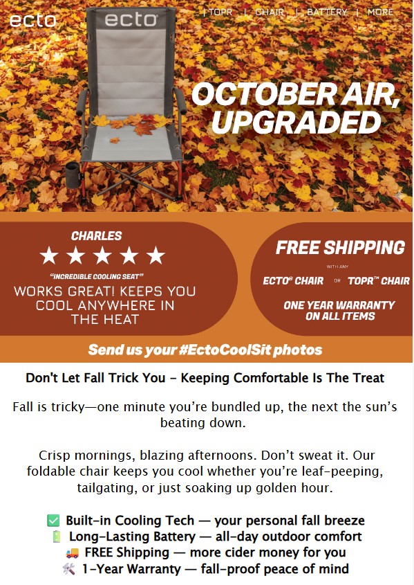 EctoLifestyle's tweet image. ectolifestyle Crisp Mornings / Blazing afternoons
ECTO cooling chairs and TOPR pads - the ultimate
comfort solutions.
ectolifestyle.com
#ecto #cooling #ectolifestyle #TOPR