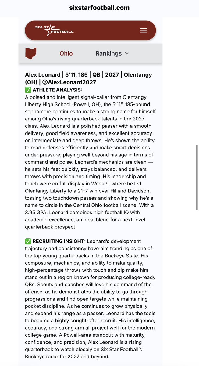 Thank you <a href="/sixstarfootball/">Six Star Football | PLUS+</a> for the evaluation of my game. Go Patriots! 
<a href="/olibfb/">Olentangy Liberty Football Recruiting</a>