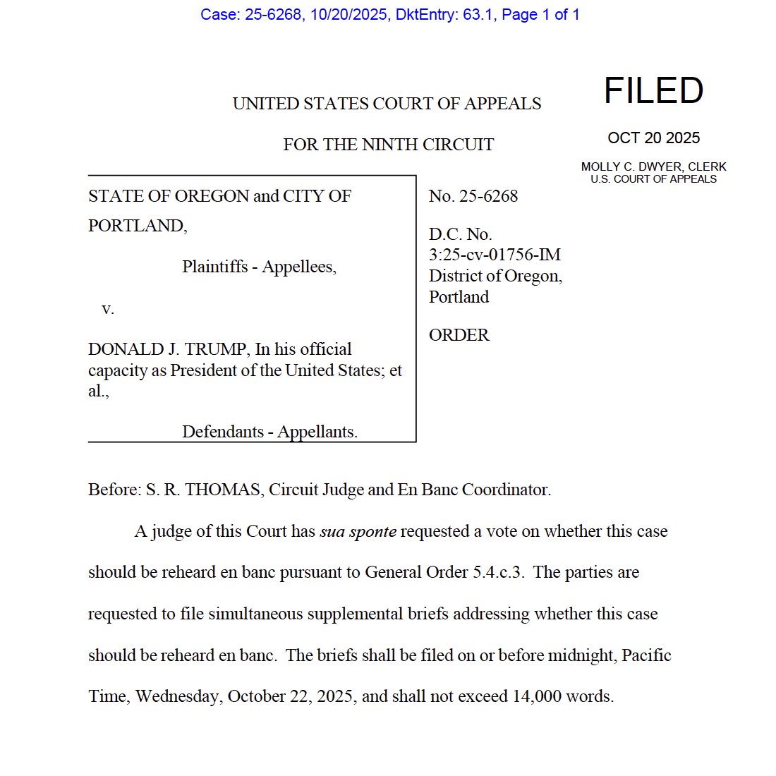 Dissenting Judge Graber, on 9th Cir, calls on public to "retain faith in judicial system" while she begs full court to overturn the panel ruling permitting federalization of National Guard in Portland. Full court asks for briefs on whether to rehear case en banc by Wed midnight.