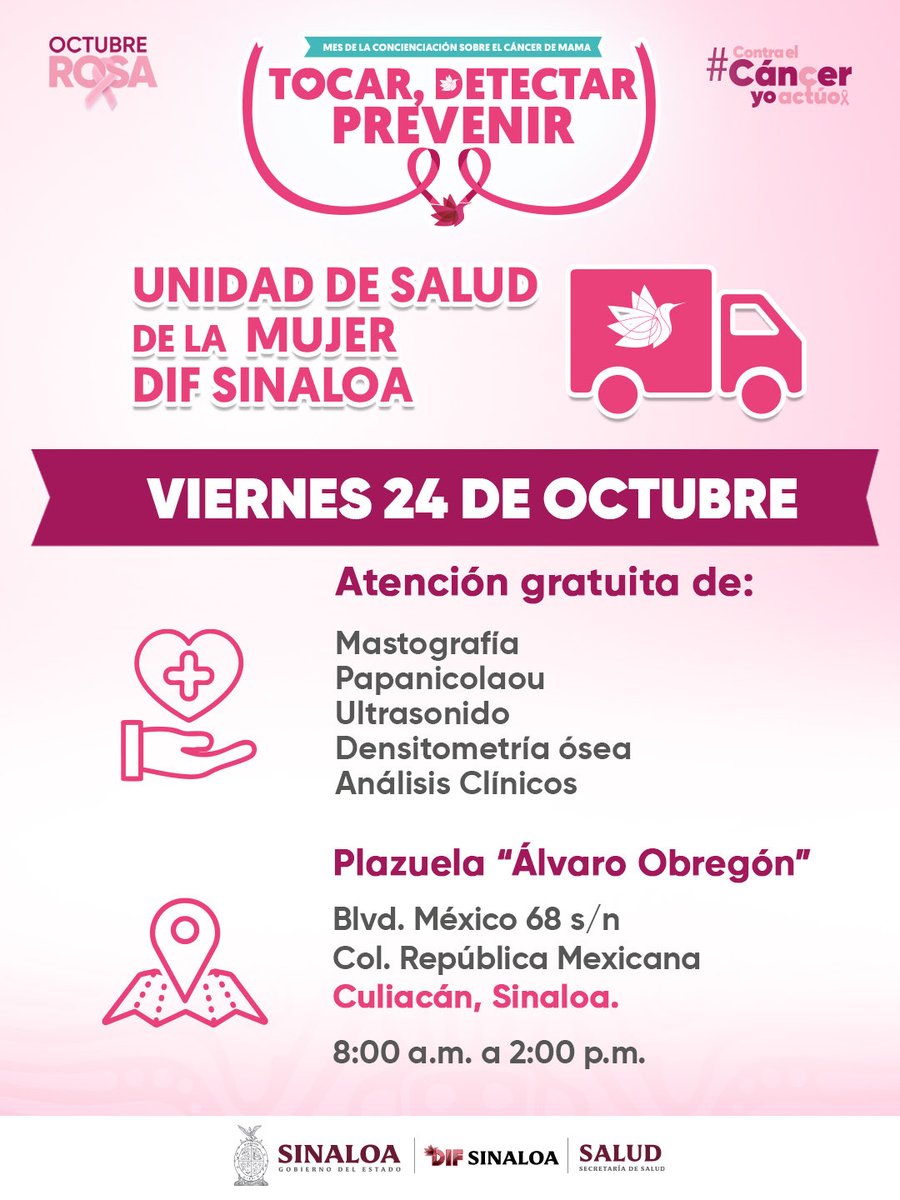 Este viernes 24 de octubre, la Unidad de Salud de la Mujer de DIF Sinaloa estará en la Plazuela “Álvaro Obregón”, en Culiacán.
¡Acude y cuida tu salud! 🌸 #DIFSinaloaContigoSiempre