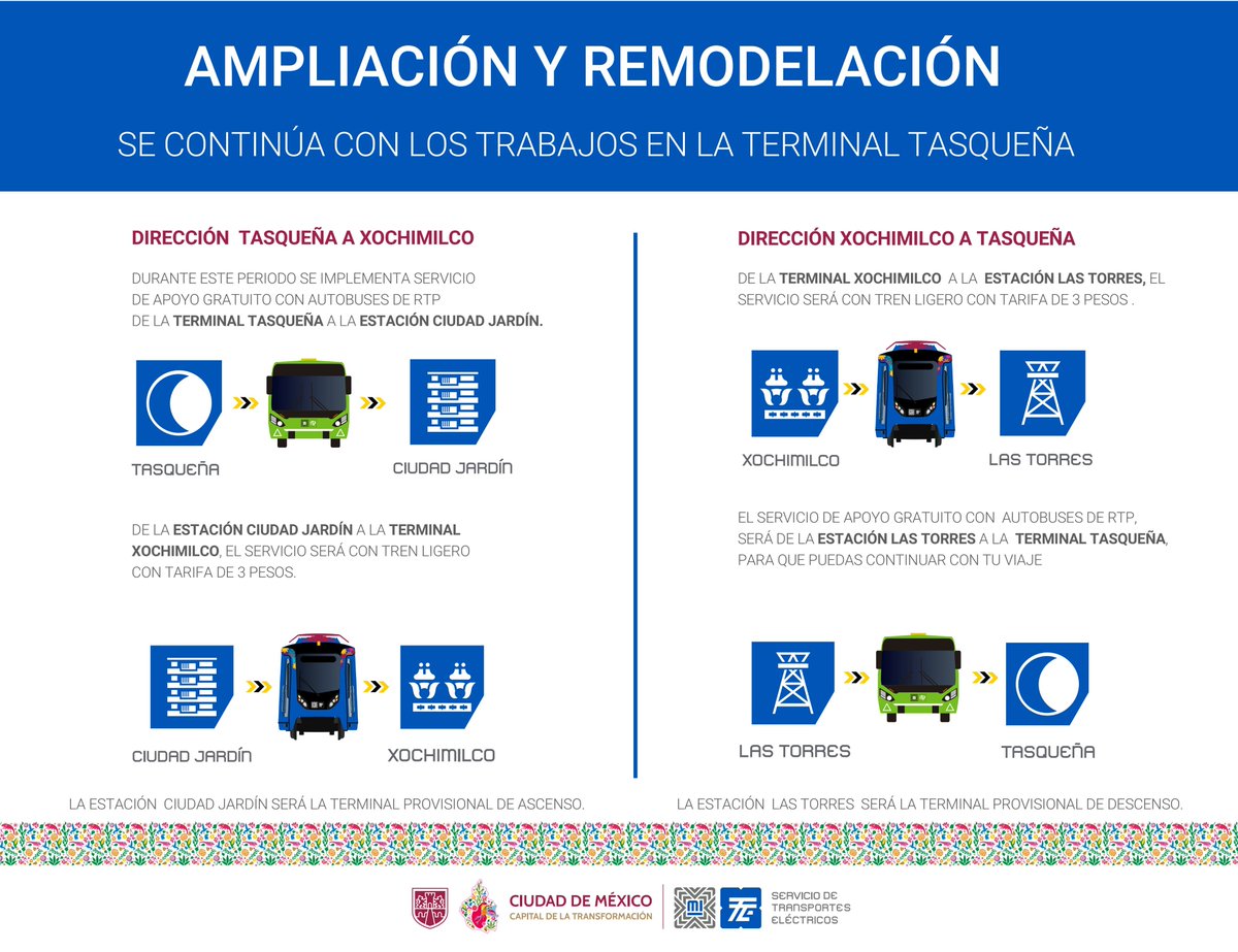 STECDMX's tweet photo. Recuerda que por trabajos de ampliación la estación Terminal Tasqueña se encuentra cerrada.

De la estación Las Torres al andén E del CETRAM Tasqueña. contamos con servicio de apoyo gratuito con unidades de la @RTP_CiudadDeMex  para el traslado de personas usuarias. https://t.co/WprS4q34gv