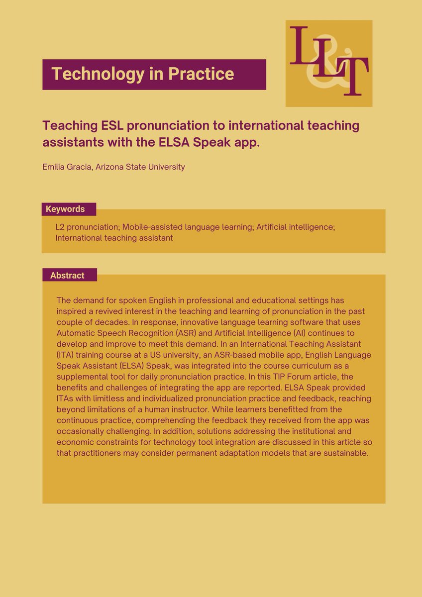 lltjournal's tweet image. New Technology in Practice Forum available - Vol. 29, Issue 1
Gracia, E. (2025). Teaching ESL pronunciation to international teaching assistants with the ELSA Speak app. Language Learning & Technology, 29(1), 1–14. doi.org/10.64152/10125…