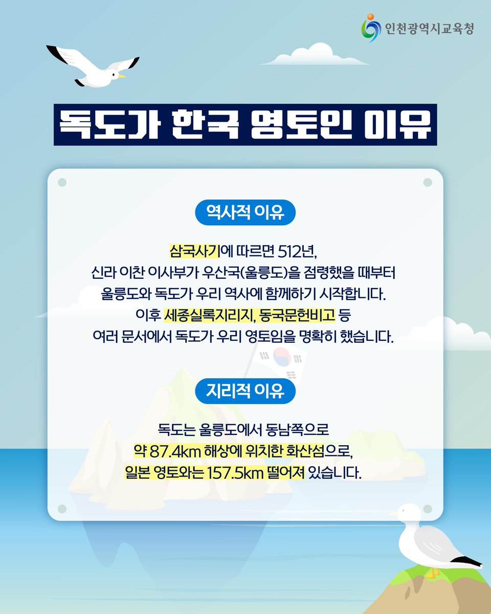 icehongbo's tweet image. 대한민국의 아름다운 섬🌊💙
독도의 날🇰🇷

독도는 역사적, 지리적, 국제법적으로
명백한 대한민국의 영토입니다.

우리의 소중한 영토,
독도를 함께 수호해 나가요💖

#인천시교육청 #인천교육청 #인천광역시교육청
#독도 #독도의날 #10월25일