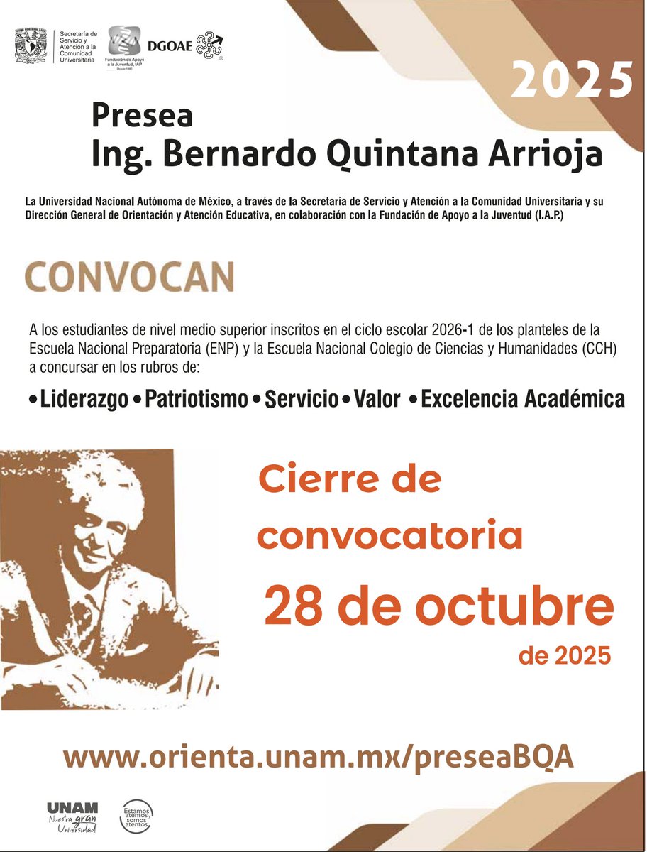 CCHUNAM's tweet image. ¡¡¡SE ACERCA EL CIERRE DE CONVOCATORIA!!! ⌛⌛⌛ 

La #UNAM invita a las y los cecehacher@s a concursar por la Presea Ing. Bernardo Quintana Arrioja 2025. 🏅🏅🏅

Rubros:

✅ Liderazgo
✅ Patriotismo
✅ Servicio
✅ Valor
✅ Excelencia Académica

Acá más detalles ⬇️⬇️