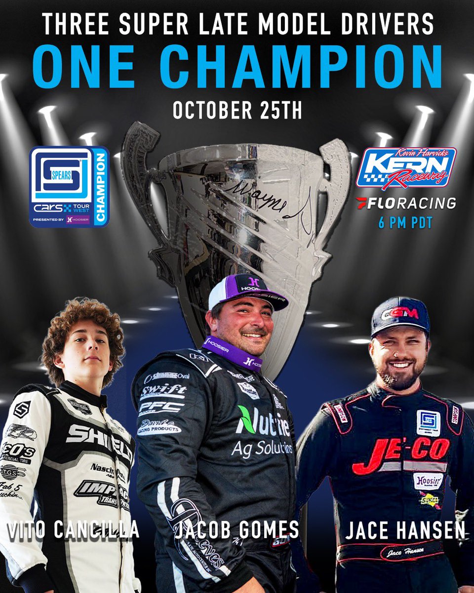 The road to the Spears CARS Tour West Super Late Model Championship concludes this Saturday at Kevin Harvick’s Kern Raceway. Three competitors are in the running—only one will take home the title.

Who will win? Don’t miss this action Oct. 25…. CARSTourWest.com