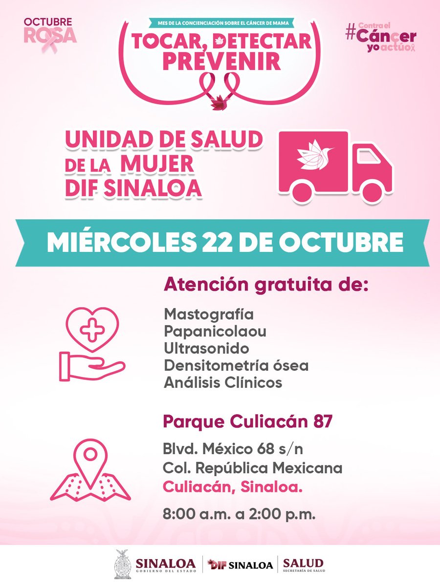 💗 La Unidad de Salud de la Mujer de DIF Sinaloa continúa acercando servicios gratuitos para el cuidado de tu salud.
Te esperamos este miércoles 22 de octubre en el Parque Culiacán 87, Col. República Mexicana.
¡Cuida tu salud, acude a tiempo! 🌸 #DIFSinaloaContigoSiempre
