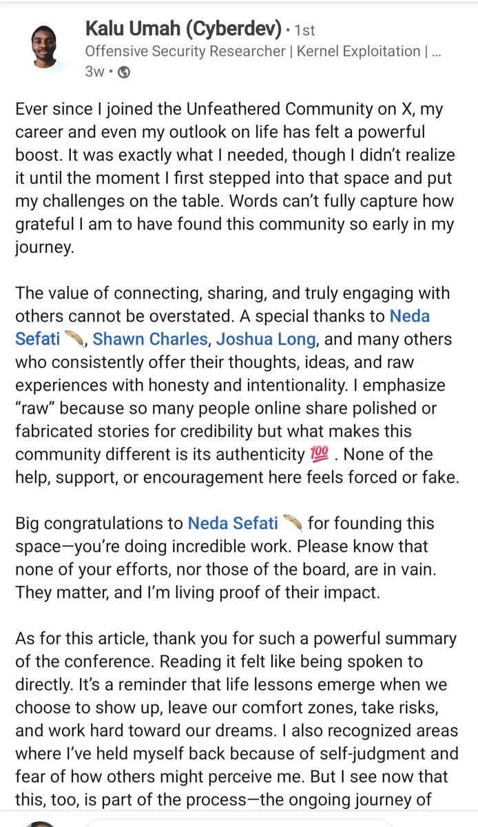 neda_sefati's tweet image. 🪶 This post by @thecyberdevhq, one of our community stopped me mid-scroll.
He shared how joining the Unfeathered Community on X gave him the boost he didn’t even know he needed — a space to lay his challenges on the table, connect honestly, and find encouragement that feels…