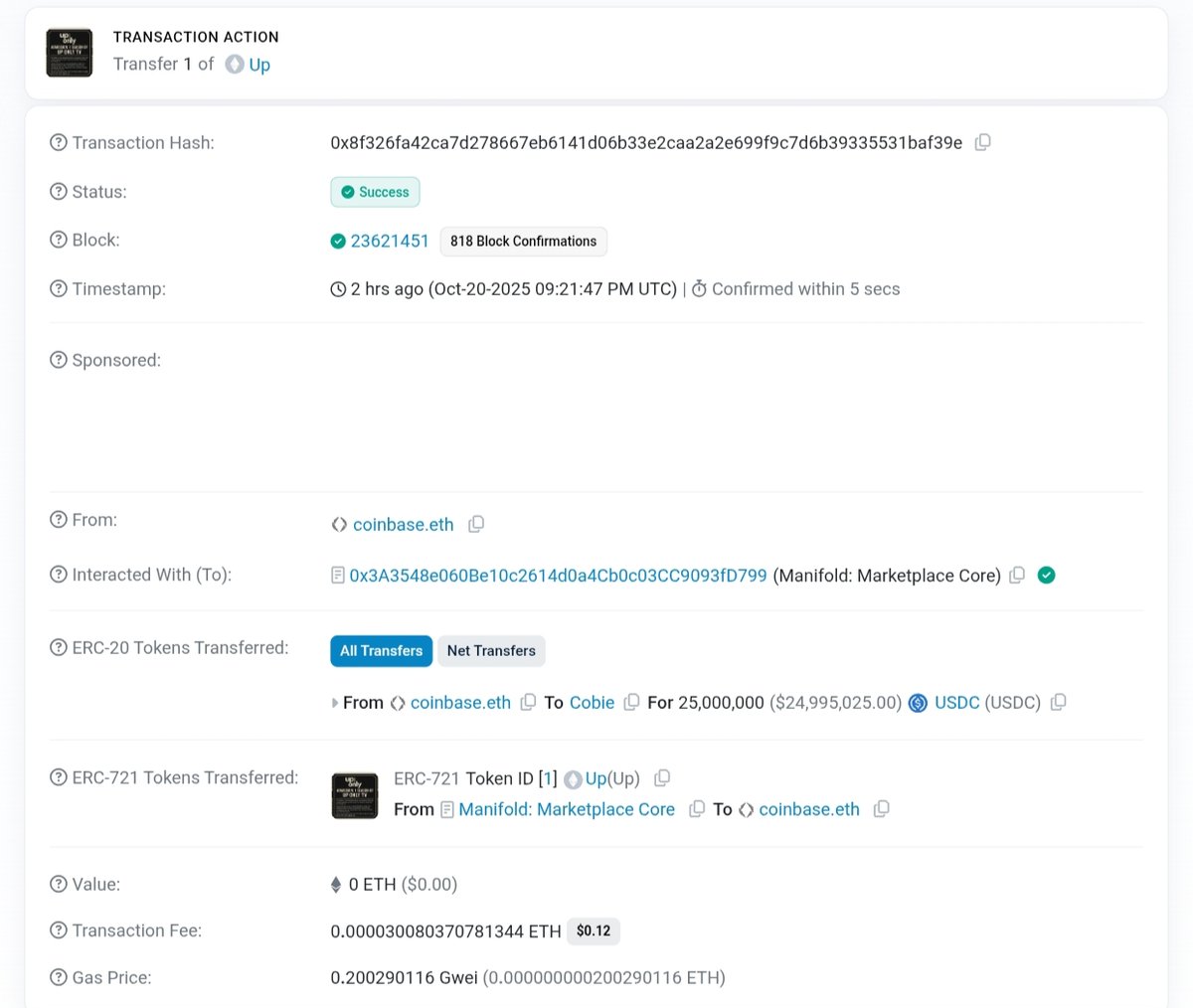 2 hours ago, coinbase.eth (@coinbase) spent $25M $USDC to buy the UpOnly  NFT from #Cobie (@cobie), aiming to revive the iconic crypto podcast 🎙️  The deal includes a contract for 8 new