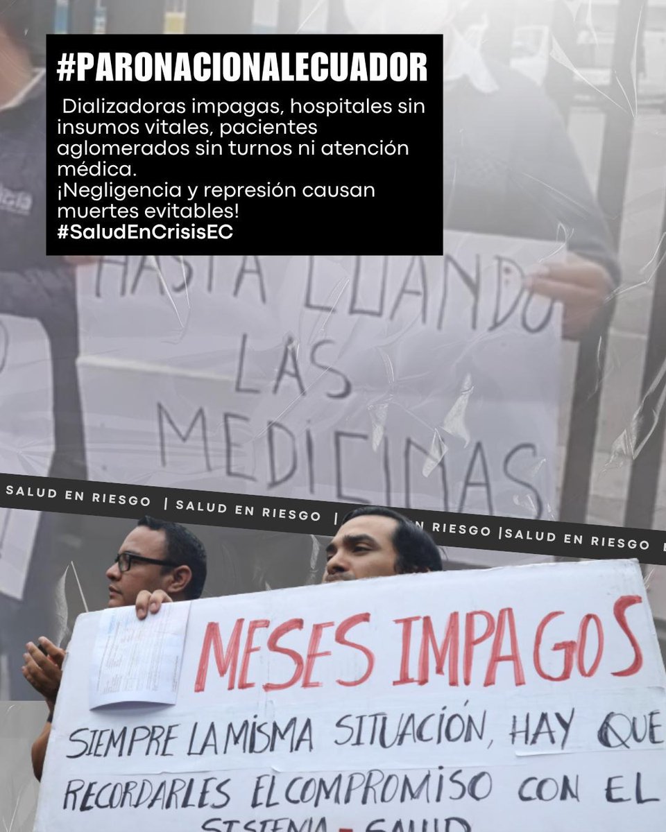¡Salud en riesgo en #Ecuador: Gobierno de #DanielNoboa no paga deudas a dializadoras, hospitales sin insumos vitales, pacientes aglomerados sin turnos ni atención. ¡Negligencia y represión causan muertes evitables! Denunciamos esta violencia estatal. Exigimos justicia, fin a la