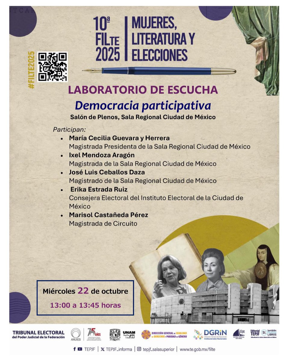 📣 Participa en el Laboratorio de Escucha: Democracia participativa de la #FILTE2025

Reflexionemos sobre el papel de la ciudadanía y las mujeres en la democracia

🗓️ Miércoles 22 de octubre
🕐 13:00 a 13:45 h
📍Sala de Plenos, Sala Regional CDMX

#DemocraciaParticipativa #TEPJF