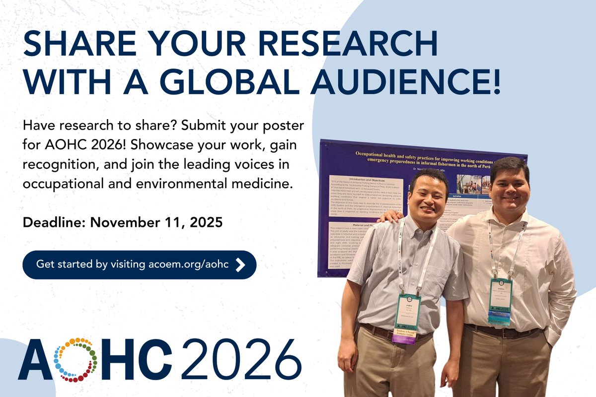 There’s still time to submit your poster abstract for the 110th American Occupational Health Conference (AOHC), taking place April 19–22, 2026, in Chicago. Share your insights and help shape the future of OEM!

Submissions are due November 11. buff.ly/E5n64PX
