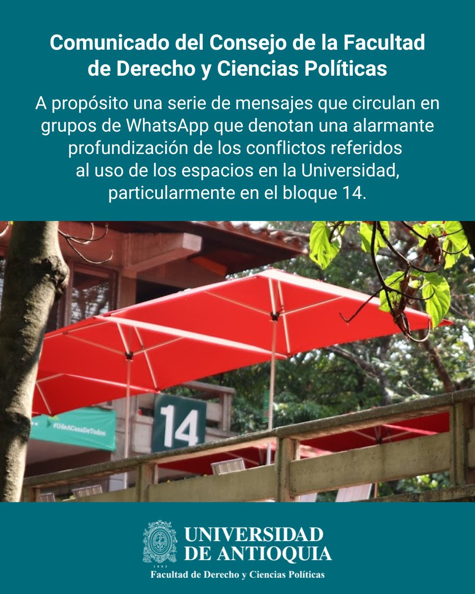 Comunicado del Consejo de Facultad
A propósito una serie de mensajes que circulan en grupos de WhatsApp que denotan una alarmante profundización de los conflictos referidos al uso de los espacios en la Universidad, particularmente en el bloque 14.
udea.edu.co/wps/portal/ude…