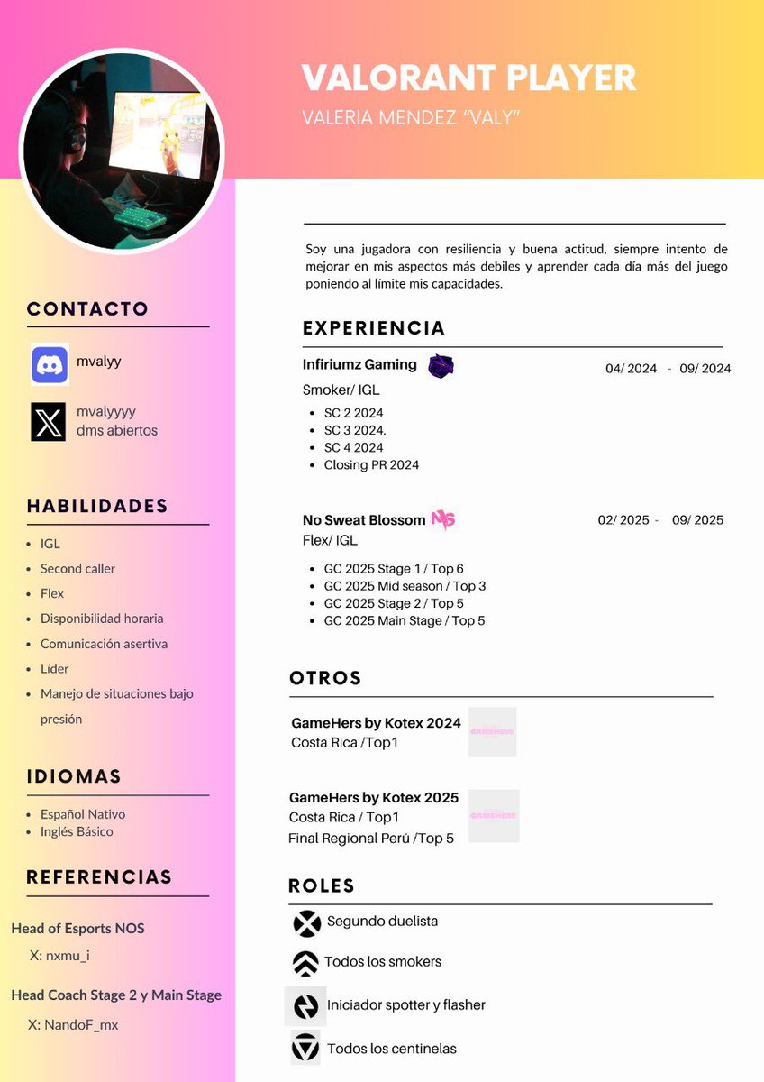 Después de descansar 2 meses, me anuncio F/A de cara a GC 2026 
Se me hizo más sencillo colocar así mi experiencia y habilidades 
V’s y Rt’s se agradecen🫶🏽