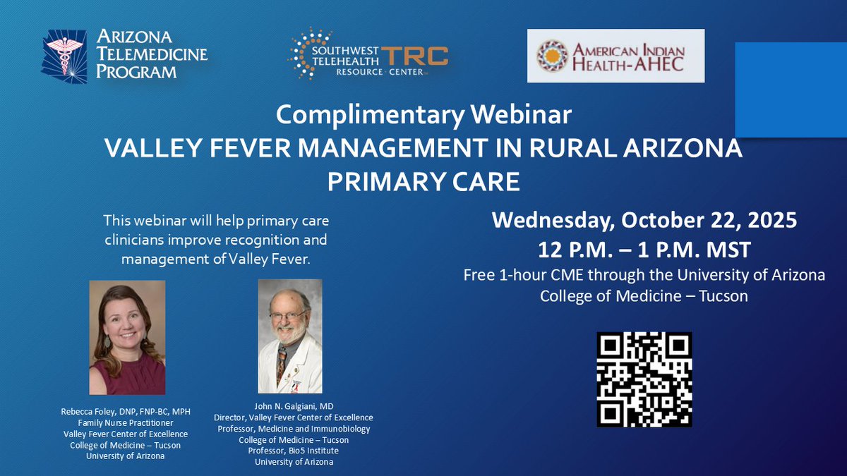 🧠 Learn about Valley Fever in a free 1-hour CME webinar!
This session is ideal for healthcare professionals, public health advocates, and anyone interested in learning more about Valley Fever’s impact and treatment.
🔗 Register via: arizona.zoom.us/webinar/regist…
#ruralhealth #CME