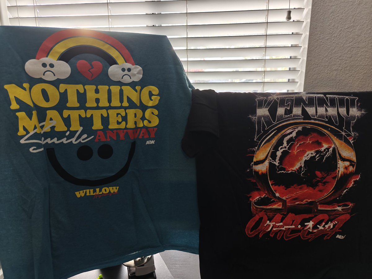 MykalDre's tweet photo. It's already time for another #allelitecrate and we've got a stacked box this time. Kenny and Willow shirts ๐ฅ the pillow case is incredible. Super stoked for the Speedball pin too. Switchblade sticker and magnet. AEW really spoiling us this time https://t.co/k4nQnNtIrH