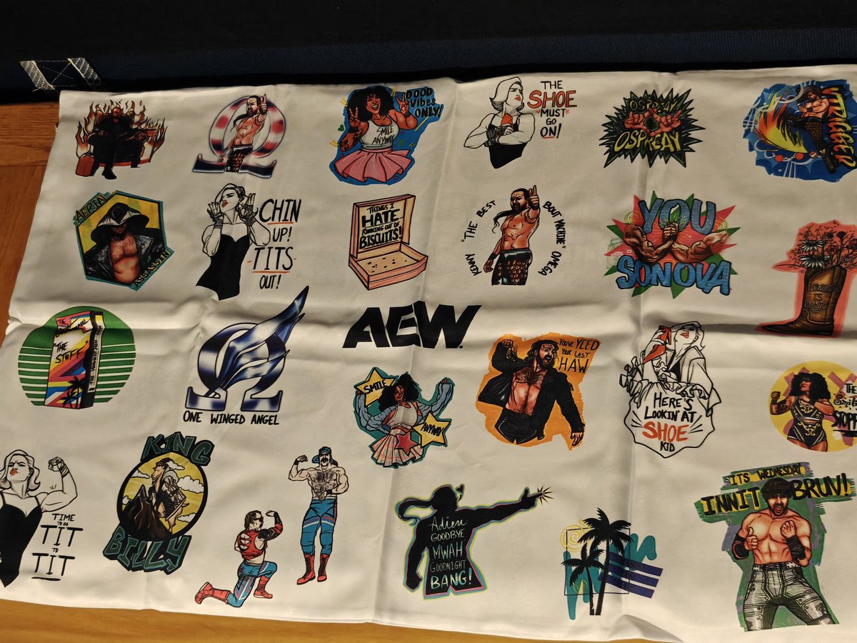 MykalDre's tweet photo. It's already time for another #allelitecrate and we've got a stacked box this time. Kenny and Willow shirts ๐ฅ the pillow case is incredible. Super stoked for the Speedball pin too. Switchblade sticker and magnet. AEW really spoiling us this time https://t.co/k4nQnNtIrH
