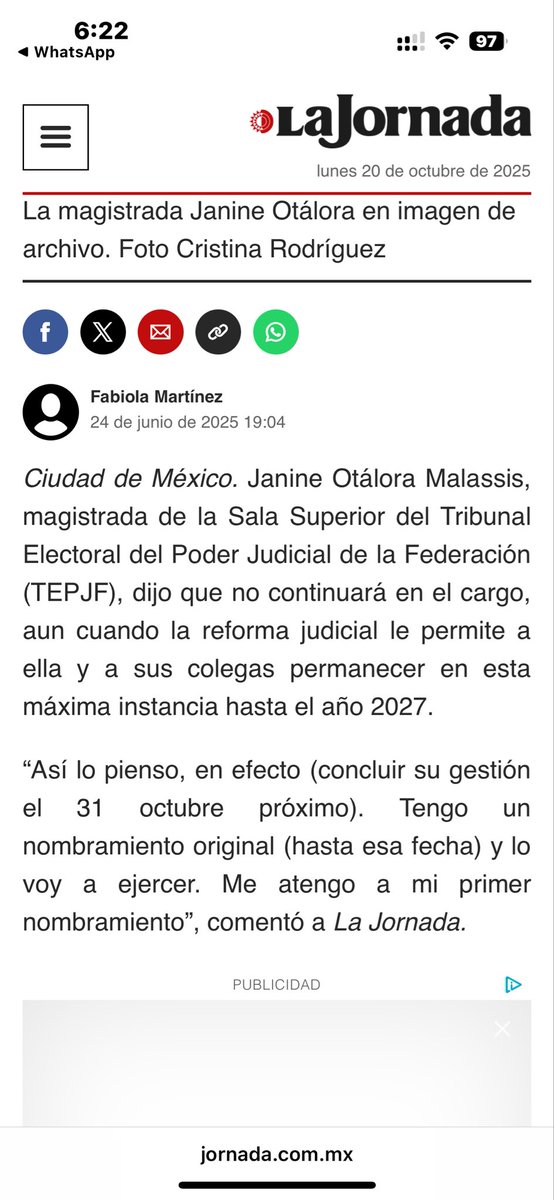 Fabiola37809696's tweet photo. La magistrada del @TEPJF_informa  Janine Otálora dejará el cargo el próximo 31 de octubre, aún cuando la reforma judicial le permitía quedarse hasta el 2027. Así lo dijo a @lajornadaonline en junio pasado. https://t.co/Q117rVNZPt