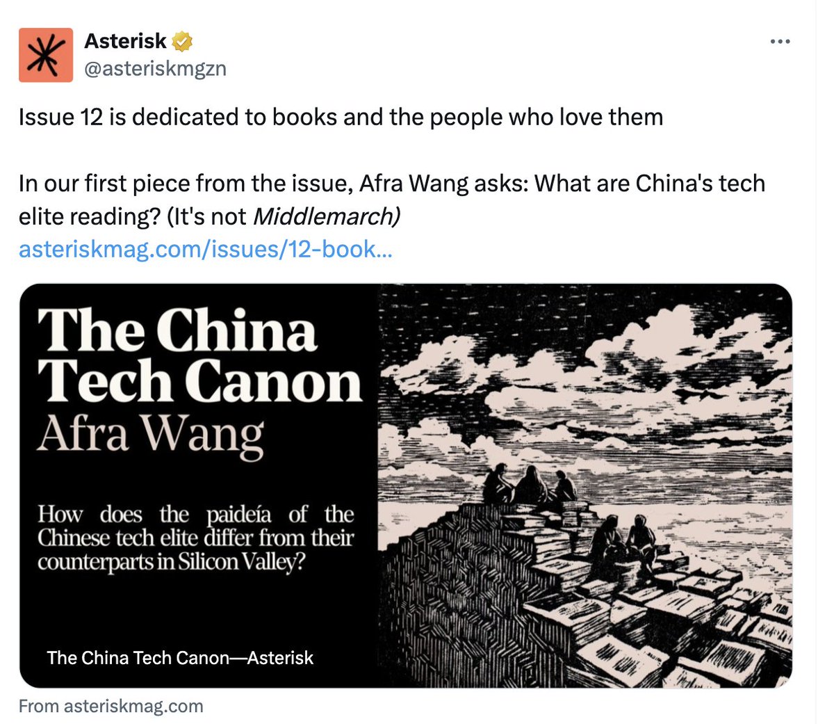 afra (@afrazhaowang) on Twitter photo my new essay “The China Tech Canon” is out in <a href="/asteriskmgzn/">Asterisk</a>'s 12th issue, themed “Book.” link in reply.
in this piece, i trace the intellectual map of china’s tech founders by asking a simple question: what books have shaped their worldview? 
what emerged is that the “china my new essay “The China Tech Canon” is out in <a href="/asteriskmgzn/">Asterisk</a>'s 12th issue, themed “Book.” link in reply.
in this piece, i trace the intellectual map of china’s tech founders by asking a simple question: what books have shaped their worldview? 
what emerged is that the “china