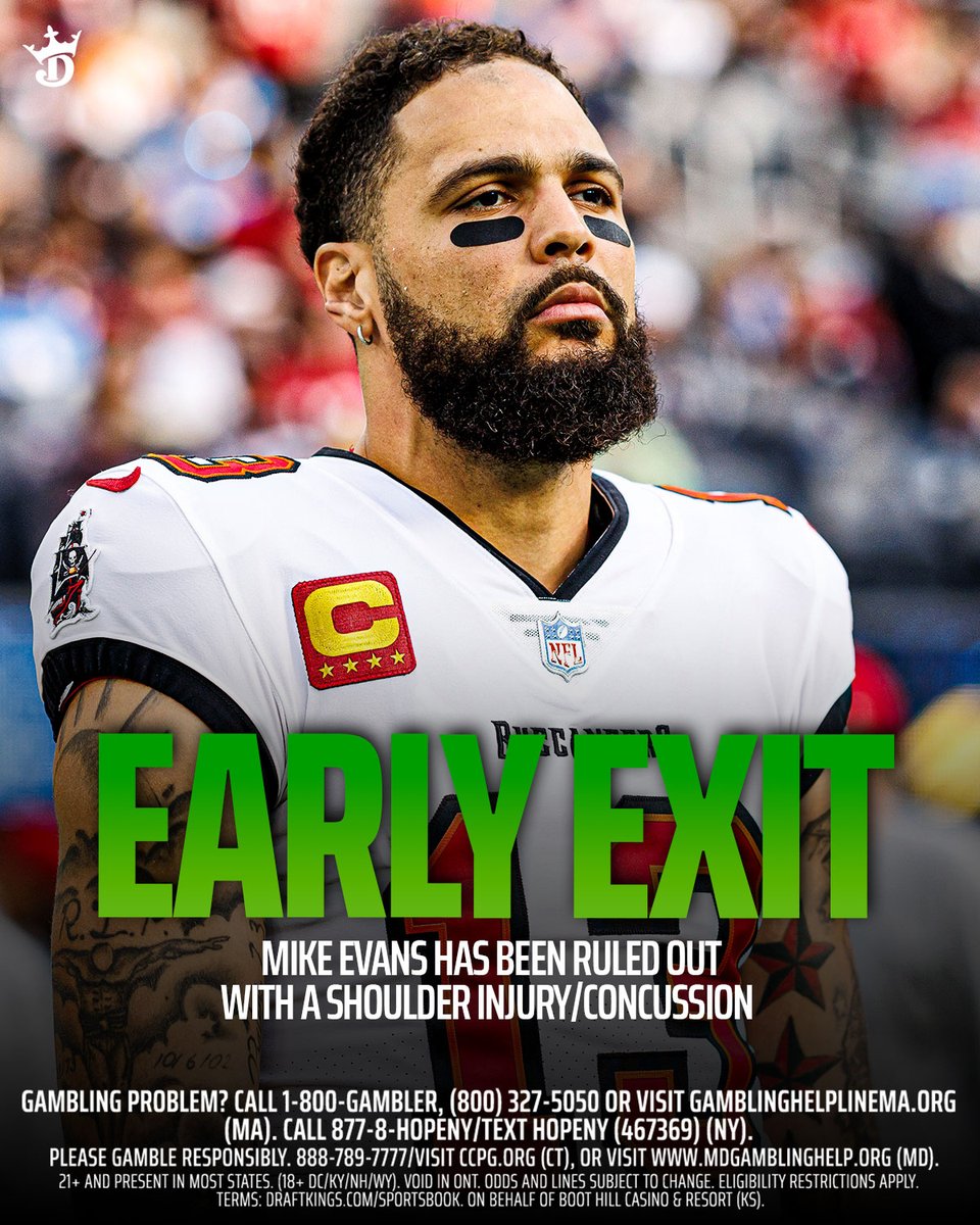 DKSportsbook's tweet image. Tampa Bay Buccaneers WR Mike Evans has been confirmed OUT with a shoulder injury/concussion. 

First half injury? Early Exit has you covered, even in Q2 🤝

@DK_Assist for MORE ⬇️