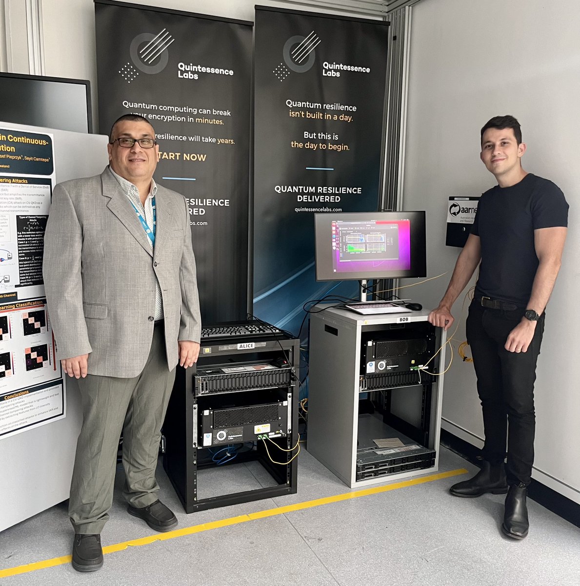 QuintessenceLab's tweet image. Together, we&apos;re building Australia’s quantum-secure future! 🔐
Partnering with #CSIRO and #AARNet, we’ve successfully deployed our QKD system operating over AARNet fibre—building sovereign quantum capability to protect Australia’s most valuable data.
🔗hubs.ly/Q03Pqyl80