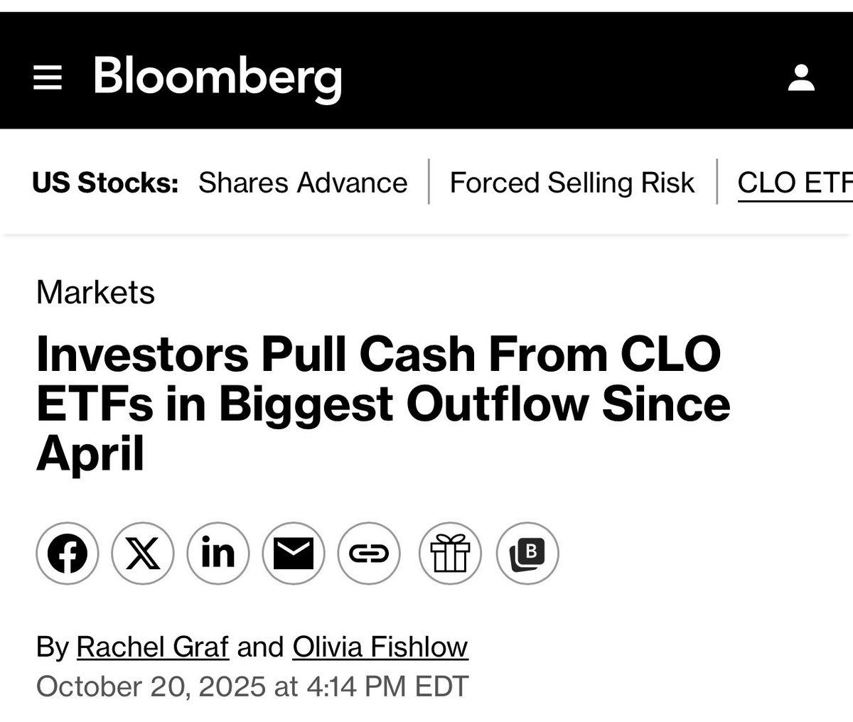 kshaughnessy2's tweet image. Investors are finally hearing the warning signs....
"Investors Pull Cash From CLO ETFs in Biggest Outflow Since April"
"...ETFs of collateralized loan obligations experienced an outflow of about $516 million last week, marking the first investor exodus in about six months,…