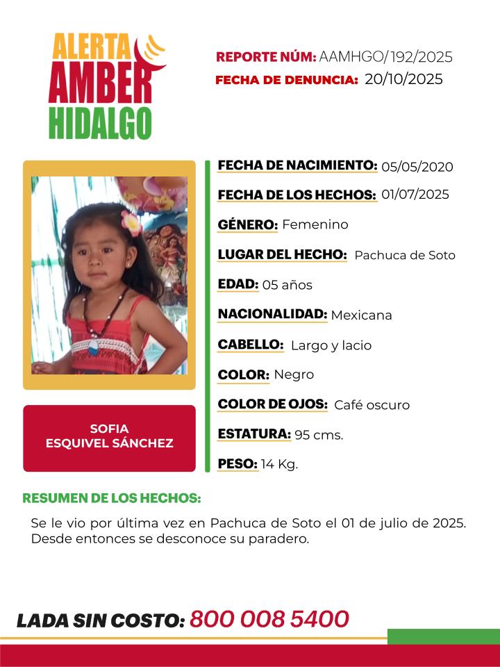 AAMBER_hgo's tweet image. 🟡Solicitamos tu apoyo con la #DIFUSIÓN de la #AlertaAmberHidalgo, para localizar a SOFÍA ESQUIVEL SÁNCHEZ. Si tienes información, comunícate al ☎️8009121314 PROCURATEL #PGJEH #CadaSegundoCuenta #TuAyudaCuenta #ActuemosRápido.