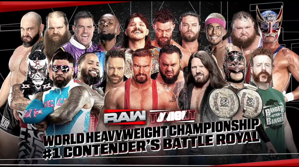 WrestleOps's tweet image. The participants in the Battle Royal to determine who will face CM Punk for the World Heavyweight Championship at SNME.
#WWERAW