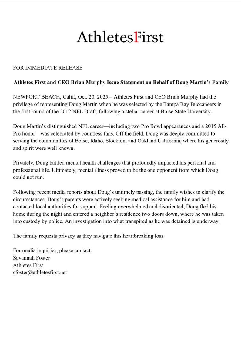 RapSheet's tweet image. A statement on the passing of Doug Martin, with his agent Brian Murphy of @AthletesFirst offering clarity and perspective: