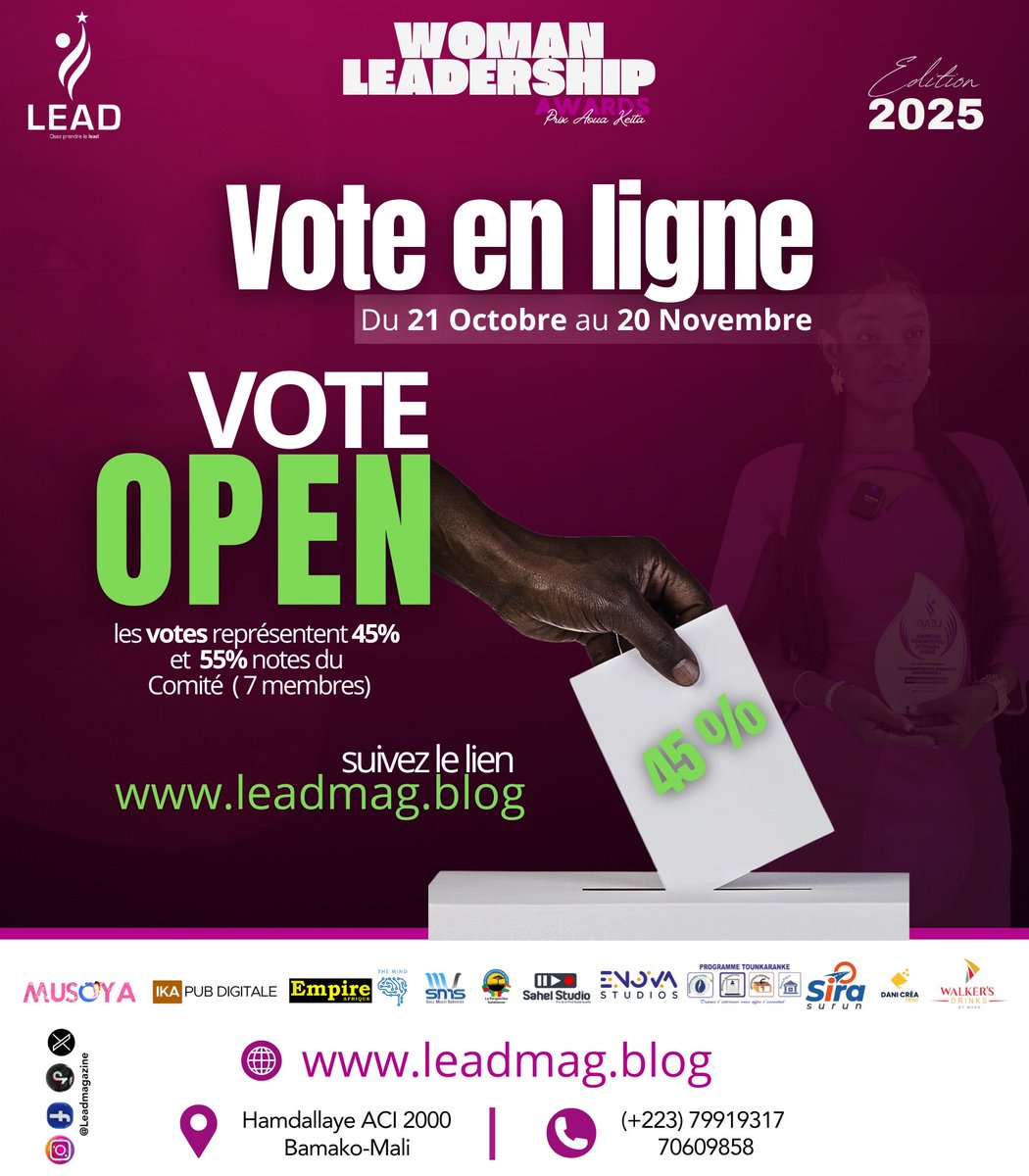 leadmagml's tweet photo. Woman Leadership Awards-Prix Aoua Keïta 2e édition - Ouverture officielle des votes du public sur le https://t.co/uOLvYT9ohs
Plus d’infos : ( +223) 70609858 | 78188418 | 79919317 https://t.co/QYJOFrfK2Q