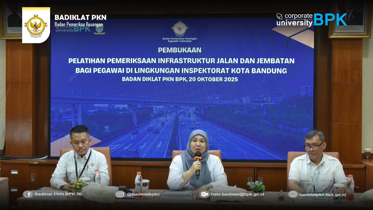 BadiklatBPK's tweet image. Pegawai Inspektorat Kota Bandung mengikuti pelatihan pemeriksaan infrastruktur jalan dan jembatan di Badiklat PKN (20–24/10). Kegiatan ini membekali peserta dengan kemampuan analisis dan rekomendasi audit konstruksi sesuai prinsip good governance.
 
#BadiklatPKN #APIP #BPKRI