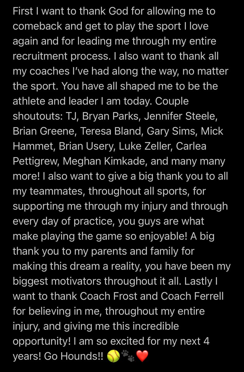 I am super excited to announce that I have verbally committed to play softball at the University of Indianapolis! Thank you Coach Frost and <a href="/coachferrell15/">Ben Ferrell</a> for this opportunity! Can’t wait for the next 4 years! Go Hounds!! ❤️🐾 <a href="/UIndySoftball/">UIndy Softball</a> <a href="/DCJarvis18u/">Demand Command Jarvis 18u</a>