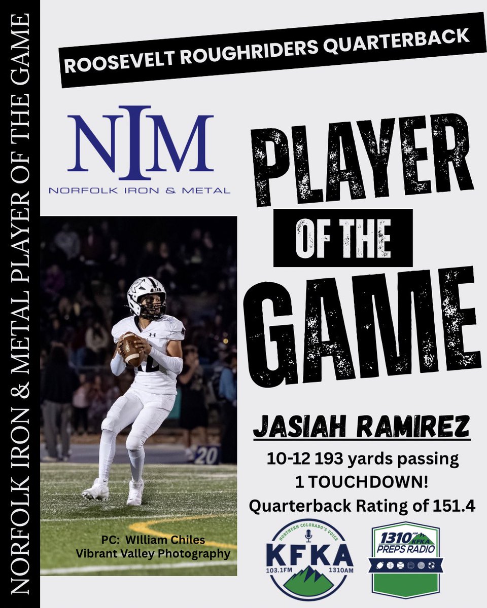Our <a href="/NorfolkIron/">Norfolk Iron & Metal</a> player of the game is <a href="/Jasiah_Ramz12/">Jasiah Ramirez</a> from <a href="/RooseveltRFTB/">Roosevelt Football</a> as he helped lead the Roughriders to a big win Friday night! Congrats Jasiah! #copreps