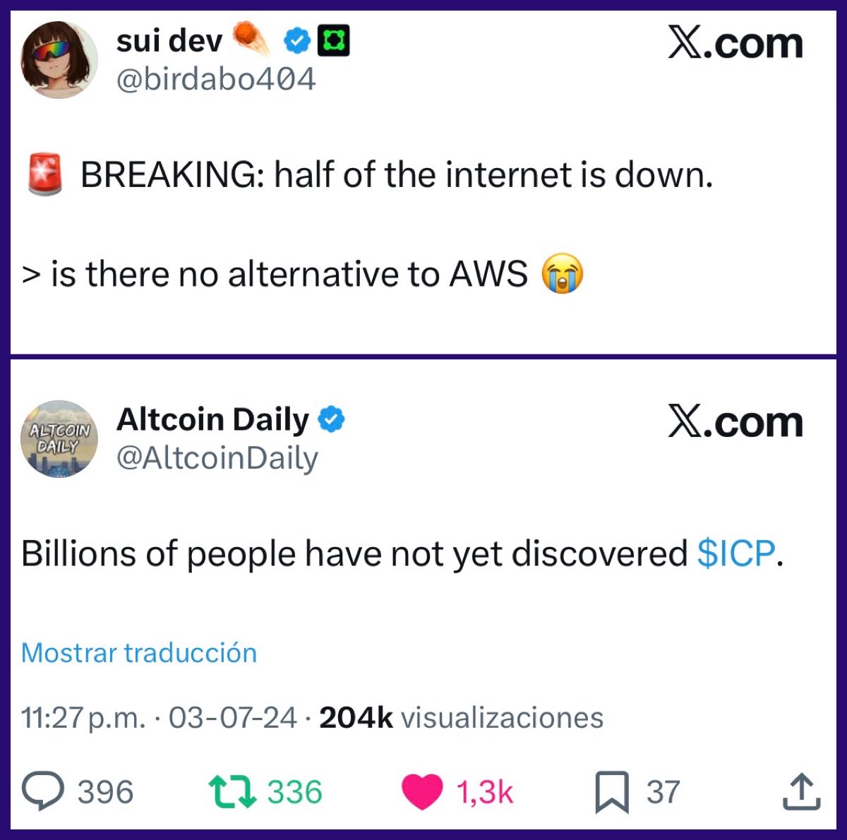 iPhelipeVR's tweet photo. The market doesn’t punish #ICP for failing.

It punishes it for being misunderstood.

Every technological revolution is born in the shadow of incomprehension.

Gold always looks like stone — until someone heats it.

While speculators think ICP is “just another blockchain,”
those who understand its design know it doesn’t compete with Ethereum —
it competes with Amazon, Google, and Microsoft.

That difference in understanding is the most brutal asymmetry of our era:
some trade a token; others invest in the architecture of the new Internet.

For the first time, the world is beginning to understand the problem ICP solved years ago.

The irony is brutal:
when ICP’s price falls, its necessity rises.

This isn’t a crisis of market value.
It’s the fulfillment of the cycle of misunderstanding that precedes awakening.

This fall isn’t a tragedy —
it’s the last opportunity to accumulate before the asymmetry disappears.

Because once the world wakes up — once people realize that ICP depends on neither AWS nor anyone else —
that informational advantage will be gone.

And that moment is near,
because the system itself is breaking.

What looks “alternative” today
will soon be the only thing that works.

And when that happens,
the flow of value will invert —
comprehension will replace speculation.

ICP was never a promise of speculative profit.
It was — and is — a thesis of technological sovereignty.

Now that corporations fail
and “decentralized” systems depend on Amazon,
ICP becomes the only coherent path forward.

What’s collapsing is not the price,
but the false narrative that Web3 could survive
on rented servers.

The world has just learned, through collapse,
that true decentralization cannot rent servers.

ICP isn’t rising because its price goes up.
It’s rising because the story of the Web itself is falling apart.

95% of what calls itself “decentralized”
still lives locked inside the racks of three companies:
Amazon, Microsoft, and Google.

The AWS crisis is not a blow to crypto.
It’s ICP’s opportunity to reveal its true nature —
not as “another blockchain,”
but as the sovereign layer of the new Internet.

While the rest of the ecosystem asks,
“Is there no alternative to AWS?”
we already have the answer:

Yes — it’s called the Internet Computer.
The Sovereign Internet doesn’t crash.

The future won’t be decentralized out of fashion —
it will be decentralized out of necessity. ♾️

This cycle is not economic; it’s cultural.
Humanity first ignores, then mocks,
and finally adopts the inevitable.

The AWS outage was the mockery that revealed the irony.
And now comes the awakening.

“Billions haven’t discovered ICP —
because they were never meant to,
until the Internet itself collapsed under its own illusion.”

The Sovereign Internet doesn’t crash.
The price can — but the mission doesn’t. ♾️

#InternetComputer #ICP #AWS #Decentralization #SovereignInternet