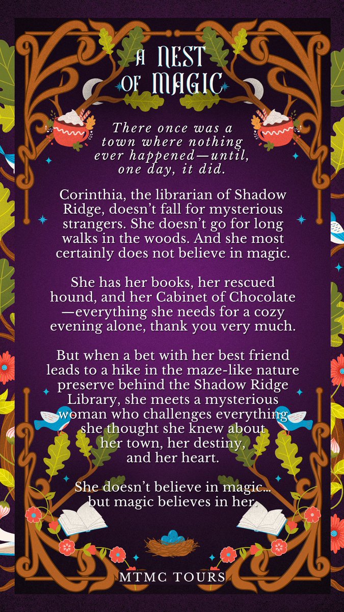 mtmctours's tweet image. Currently on tour: A Nest of Magic by @KateMoseman!! 🍁💜🌙 A Nest of Magic is a low stakes, no spice cozy fantasy with a sapphic romance and a heartwarming happily-ever-after, perfect for fans of The Phoenix Keeper!
💫Out now from Fortunella Press!
buy.bookfunnel.com/oz5q4dvdkb