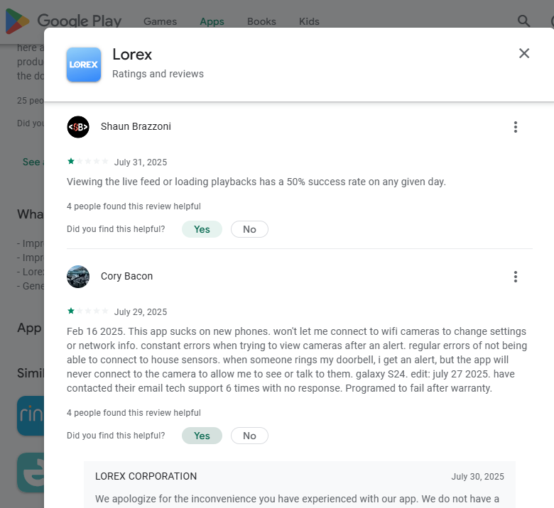 Engineerlorecs's tweet image. Lorex in [1-star]GPlayReview:{Steve N- September 21, 2025- Nonsense support. Full of bugs that make this app pretty useless. Stop blaming the network! The NVR is on 1 gig port, phone has 866 M...feature, fix it please.}👎(Conclusion=&amp;gt;Sucks Lorex Chinese)#255172
