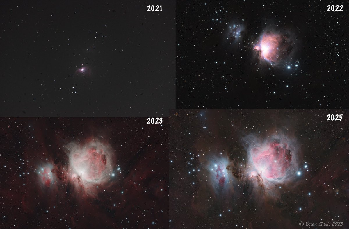 BrianSams16's tweet photo. Here is an example of my progression with the Orion Nebula over the last few years. Kinda crazy to see the differences. I might still add to the newest image.
#astrophotography #Astronomy #astrophoto #nebula #space #deepsky #deepskyimaging #zwo #pentax https://t.co/ZO914Av8rc