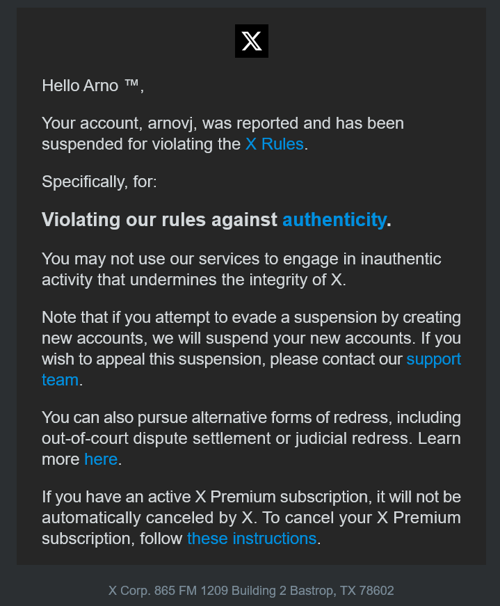 OwKewl's tweet photo. @Premium @Support @elonmusk URGENT HELP!
My partner's 2010 Premium account @arnovj (19K posts, 2K followers) WRONGLY spam-suspended TODAY
OFFICIAL X EMAIL PROOF ATTACHED ↓
3 appeals submitted. Dutch elections—he NEEDS his voice! #ReinstateArnovj #XSupport #DutchElection 🇳🇱 https://t.co/ukxoFmXDSv