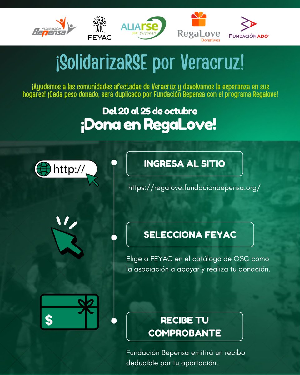 ¡Apoyemos a Veracruz! 💙
Del 20 al 25 de octubre, dona a través de regalove.fundacionbepensa.org y Fundación Bepensa duplicará tu aportación.
Tu ayuda puede transformar la vida de quienes más lo necesitan. 💚

#FundaciónBepensa #RegaLove #SolidarizaRSE #ApoyemosAVeracruz